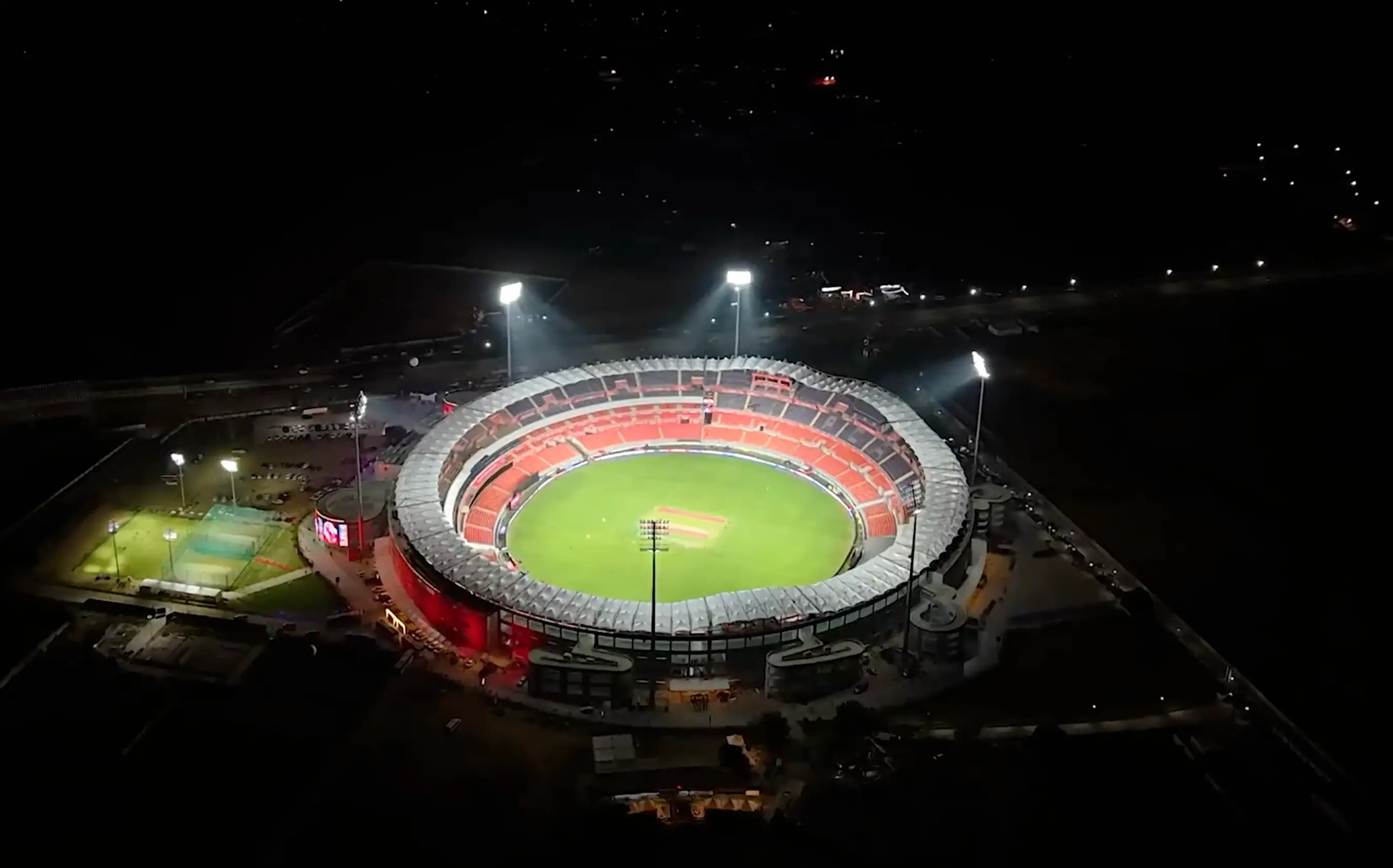 Aerial view of a sports stadium at night